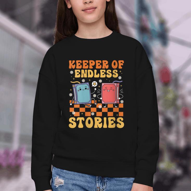 Cute Librarian Library Book Lover Keeper Of Endless Stories Youth Crewneck Sweatshirt