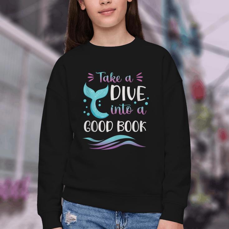 Cute Mermaid Librarian Teacher Dive Into A Good Book Reading Youth Crewneck Sweatshirt