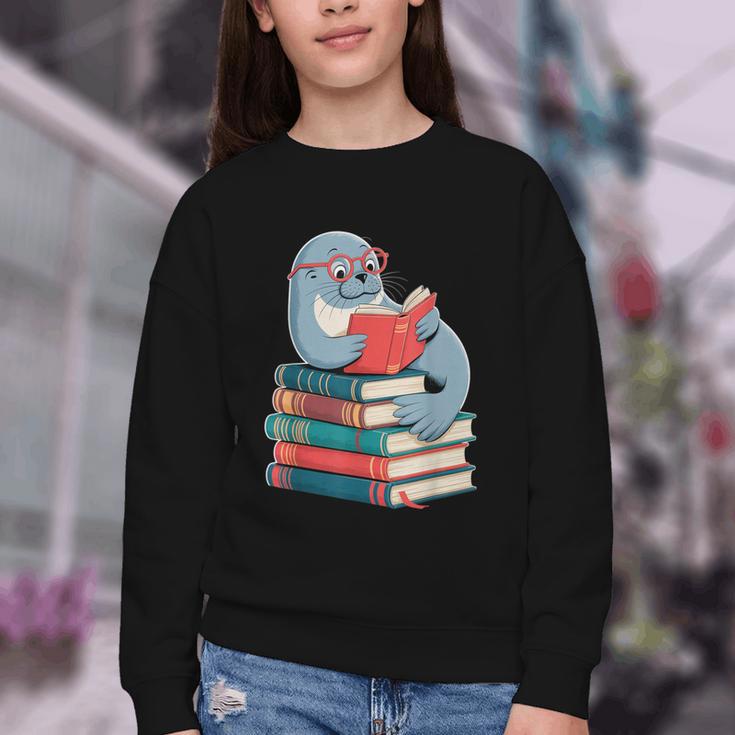 Cute Reading Seal On Books Book Lover Youth Crewneck Sweatshirt