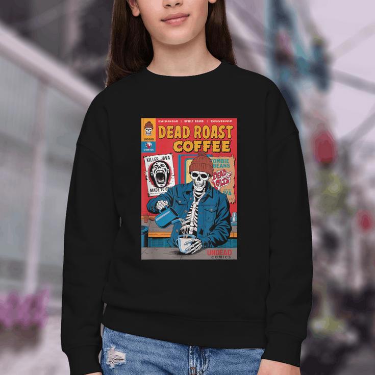 Dead Roast Coffee Comic Book Cover Style Skeleton Barista Youth Crewneck Sweatshirt