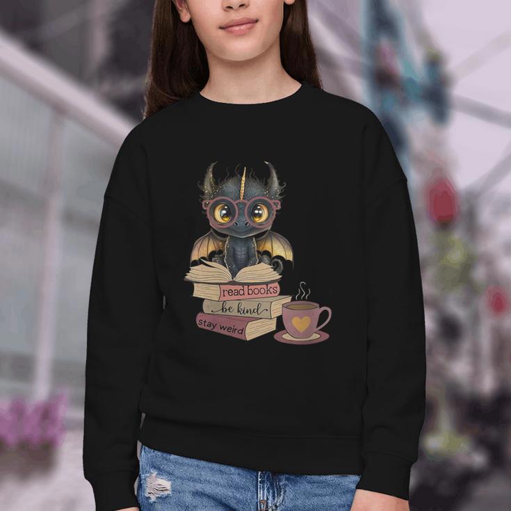 Dragon Read Books Be Kind Stay Weird Book Lover Youth Crewneck Sweatshirt