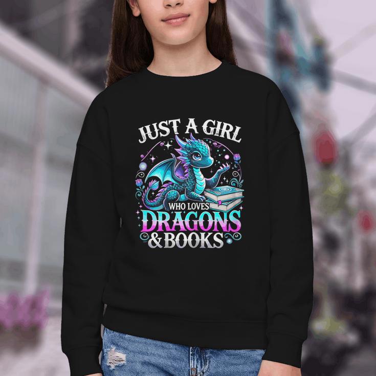 Dragon Reading Just A Girl Who Loves Dragons And Books Youth Crewneck Sweatshirt