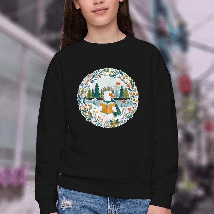 Duck Wilderness Book Reading Illustration Floral Youth Crewneck Sweatshirt