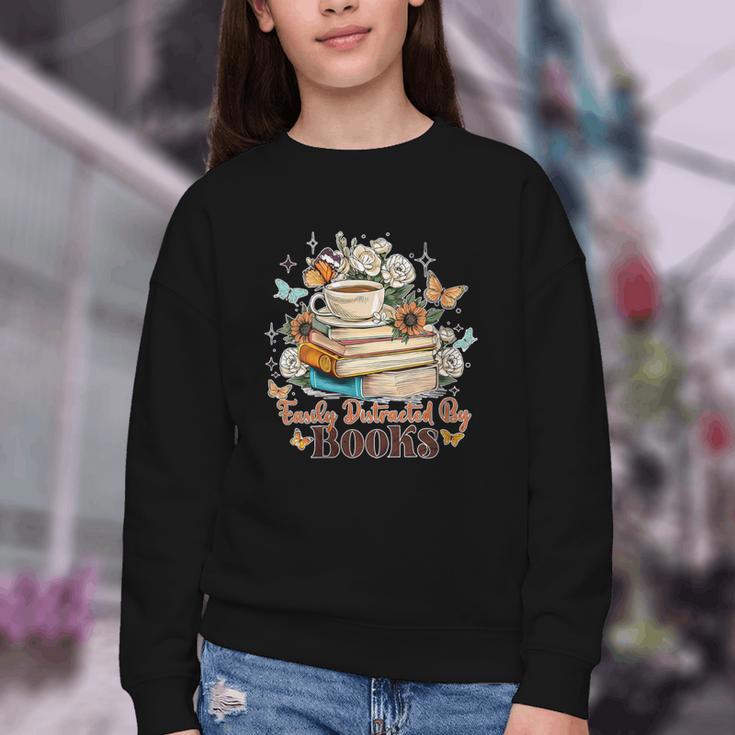 Easily Distracted By Books Book Wildflowers Book Lovers Youth Crewneck Sweatshirt