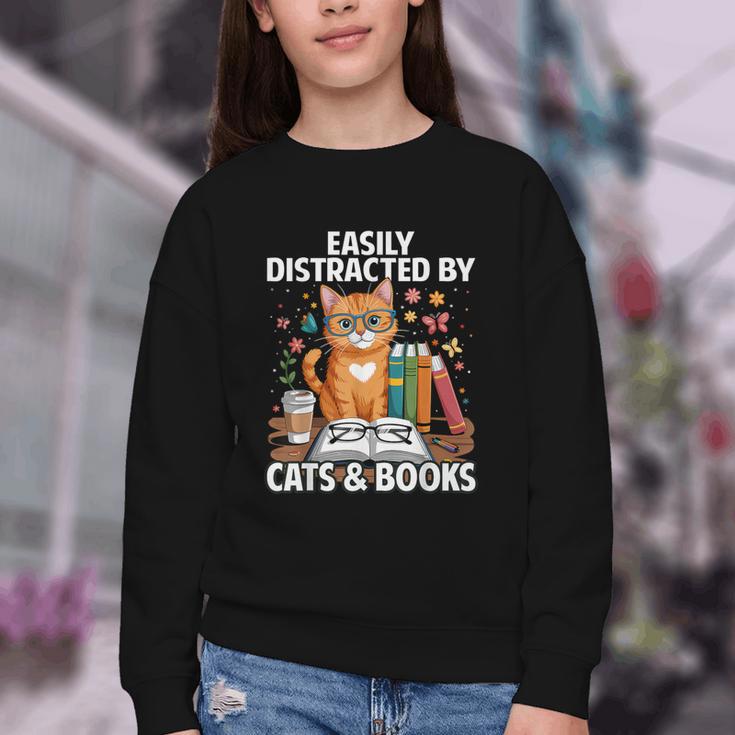 Easily Distracted By Cats And Books Book Lover Cat Youth Crewneck Sweatshirt