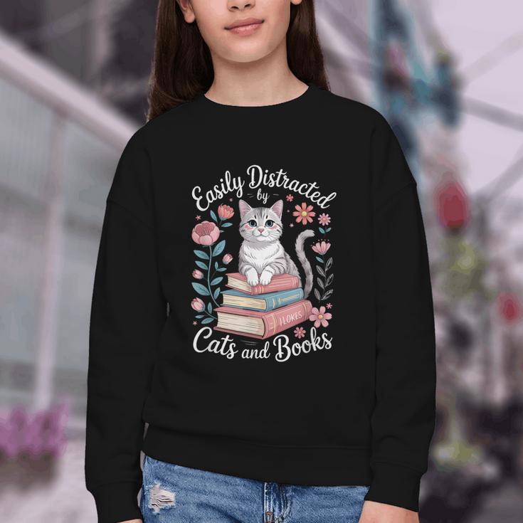 Easily Distracted By Cats And Books Reading Youth Crewneck Sweatshirt