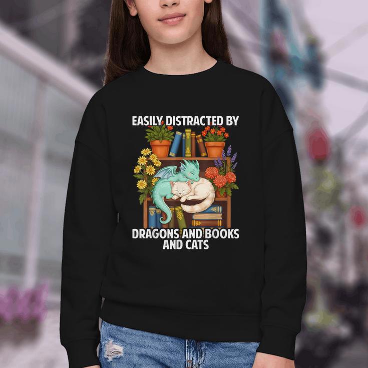 Easily Distracted By Dragons Books Cats Fantasy Book Lover Youth Crewneck Sweatshirt