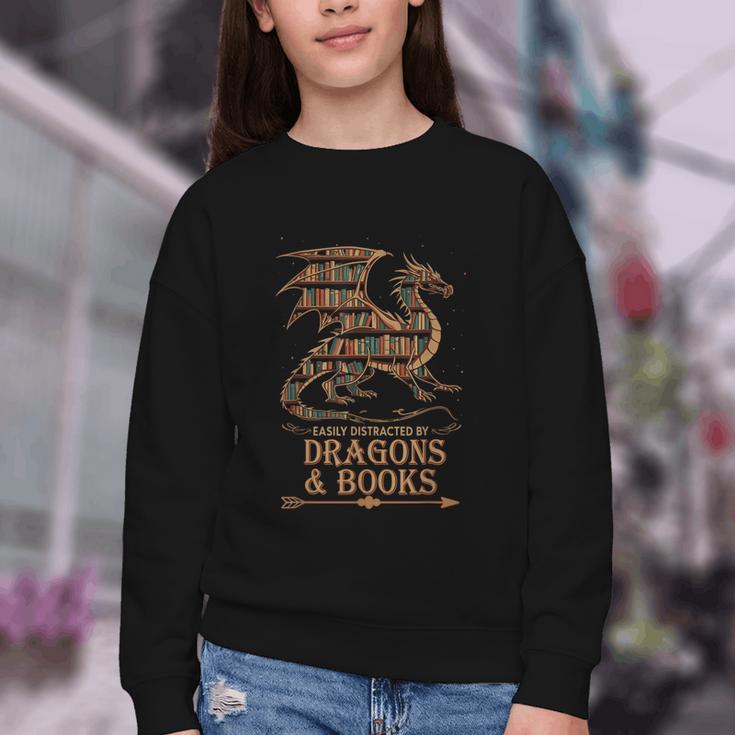 Easily Distracted By Dragons And Books Library Dragon Lover Youth Crewneck Sweatshirt Easily Distracted By Dragons And Books Library Dragon Lover Youth Crewneck Sweatshirt