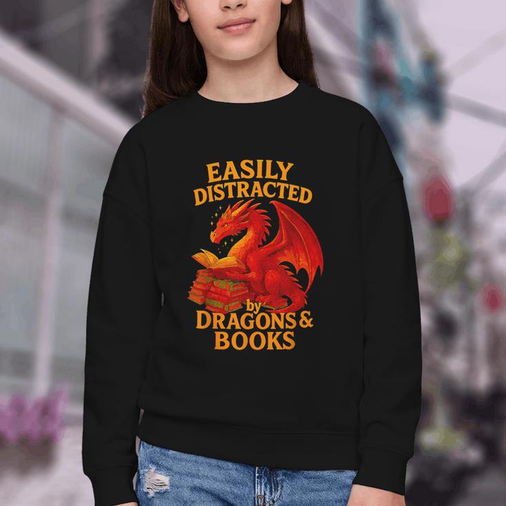 Easily Distracted By Dragons And Books Reading Youth Crewneck Sweatshirt