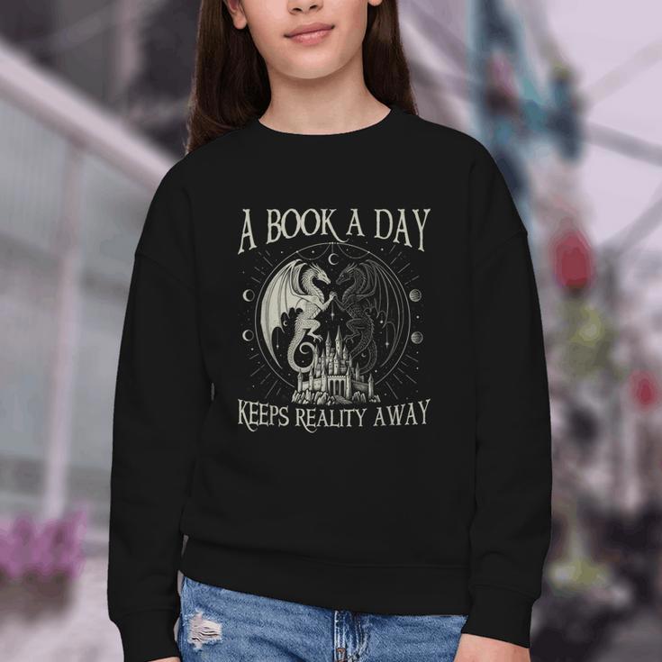 Fantasy Book Club Dragon Reader Book A Day Keep Reality Away Youth Crewneck Sweatshirt