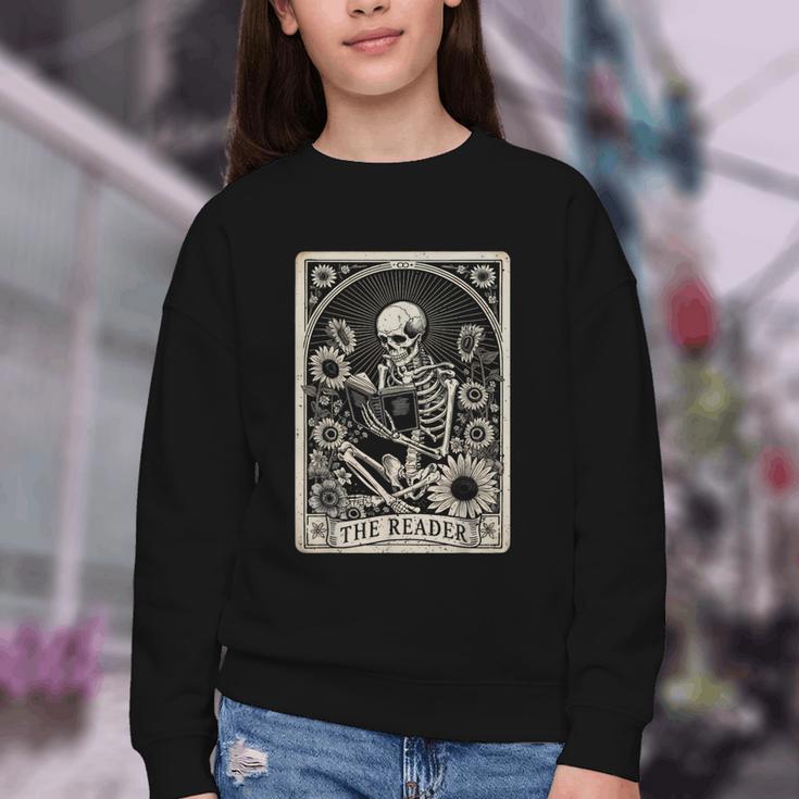 Floral The Reader Tarot Card Skeleton Reading Book Youth Crewneck Sweatshirt Floral The Reader Tarot Card Skeleton Reading Book Youth Crewneck Sweatshirt