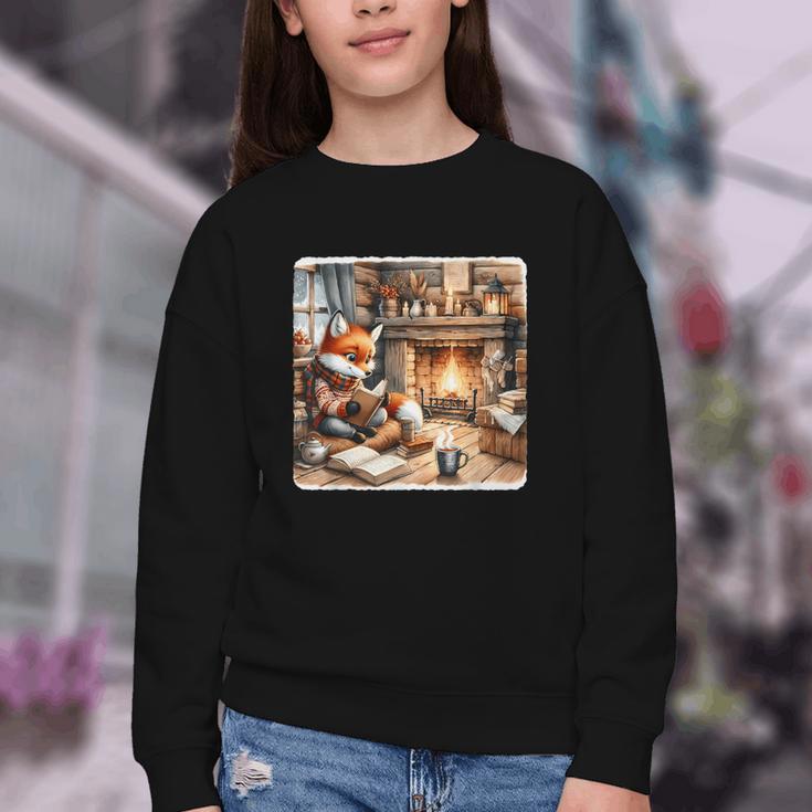 Fox Reads By Fireplace In Cabin Rustic Book Cozy Cup Tea Youth Crewneck Sweatshirt