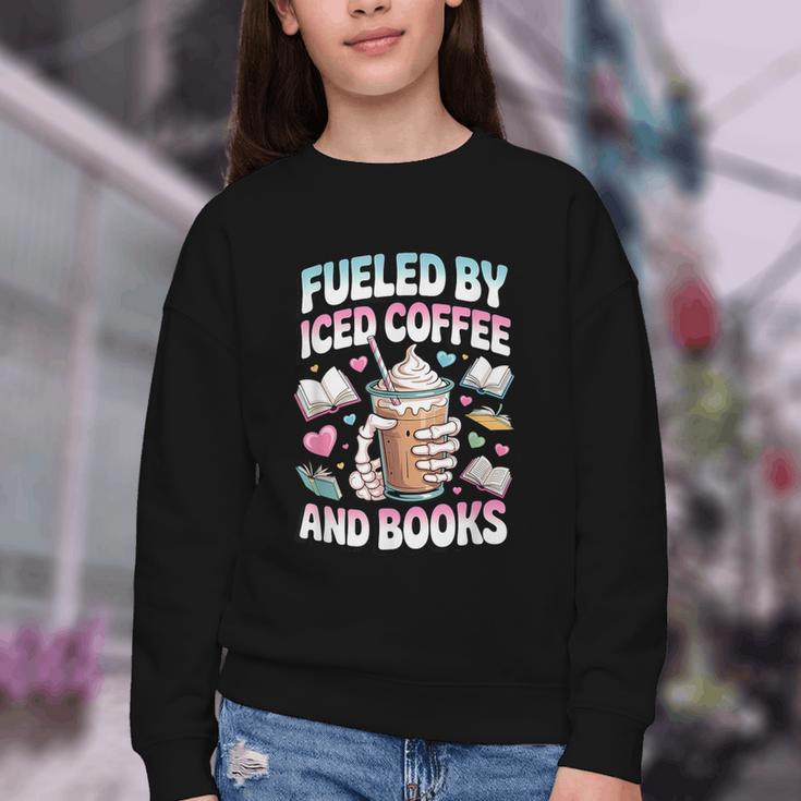 Fueled By Iced Coffee And Books Book Lover Retro Youth Crewneck Sweatshirt