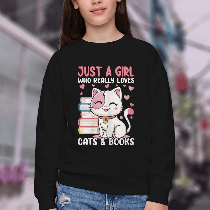 Girl Who Loves Cats And Books Cute Youth Crewneck Sweatshirt