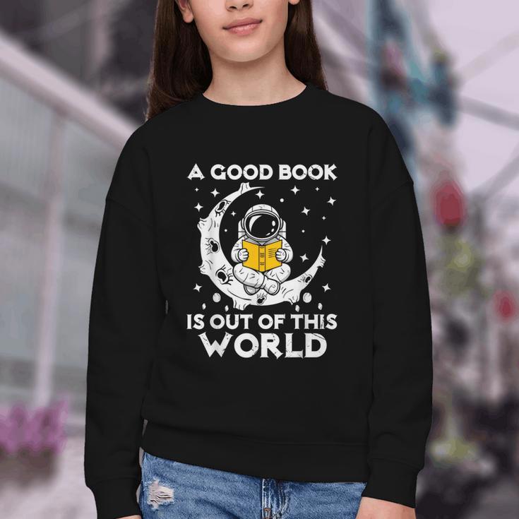 Good Book Is Out Of This World Astronaut Moon Space Reading Youth Crewneck Sweatshirt