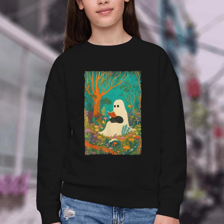 Groovy Ghost Reading Book Cat Halloween Ghost Teacher Youth Crewneck Sweatshirt