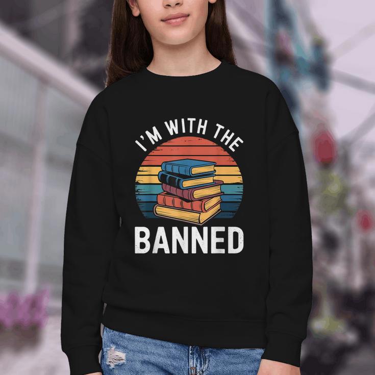 I'm With The Banned Stack Of Books Vintage Sunset Retro Youth Crewneck Sweatshirt