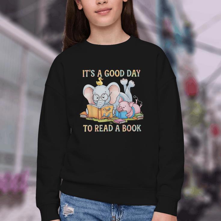 Its A Good Day To Read A Book Cute Pig & Elephant Adventure Youth Crewneck Sweatshirt