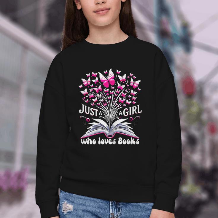 Just a Girl Who Loves Books Reading Book Butterfly Bookworm Youth Crewneck Sweatshirt