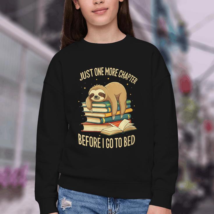 Just One More Chapter Sloth Sleeping On Books Reading Youth Crewneck Sweatshirt