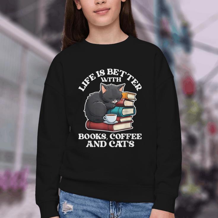 Life Is Better With Books Cats & Coffee Librarian Book Lover Youth Crewneck Sweatshirt Life Is Better With Books Cats & Coffee Librarian Book Lover Youth Crewneck Sweatshirt