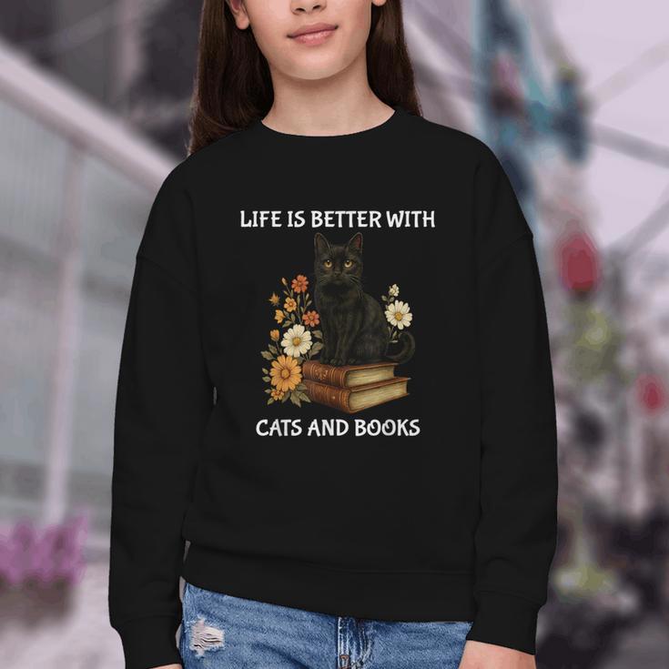 Life Is Better With Cats And Books Cute Cat Lover For Men Women Kids Youth Crewneck Sweatshirt