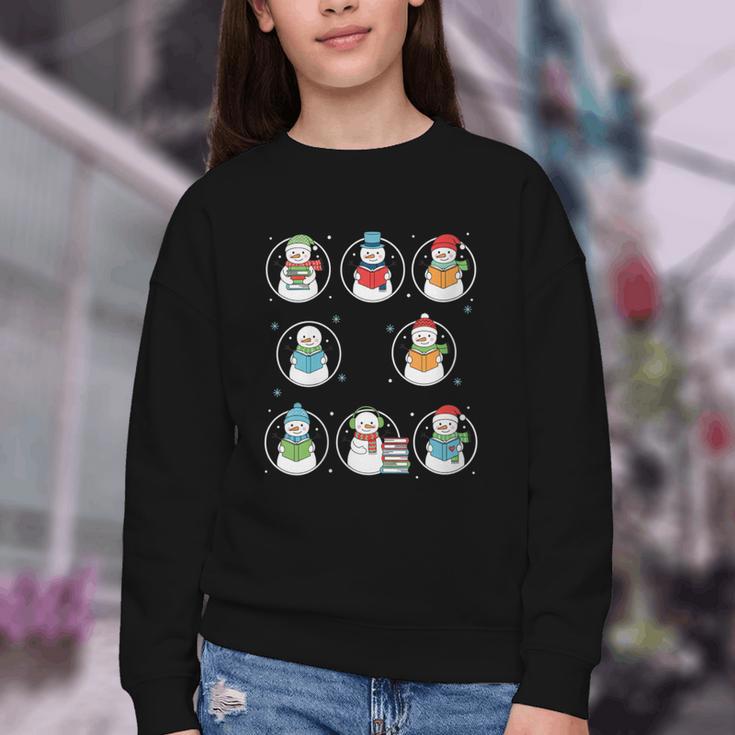 Literary Winter Reading Snowmen Cozy Book Lover Pattern Youth Crewneck Sweatshirt