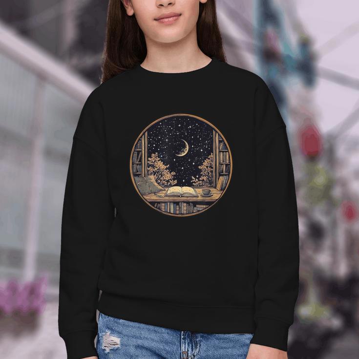 Moon Book Bookshelf Library Coffee Cup Star Stars Pattern Youth Crewneck Sweatshirt
