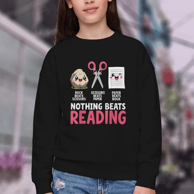 Nothing Beats Reading Rock Paper Scissors Book Lover Library Youth Crewneck Sweatshirt