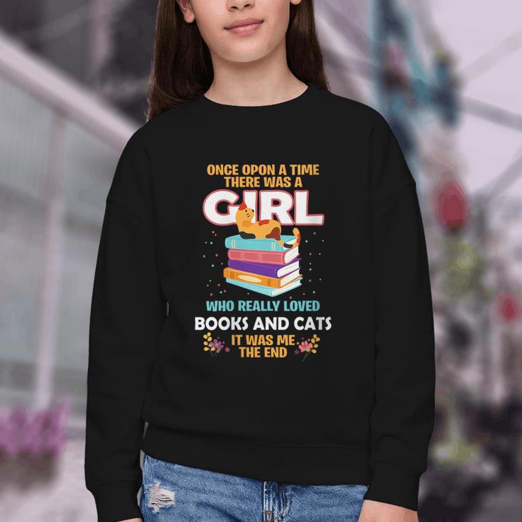 Once Upon A Time There Was A Girl Who Loves Books And Cats Youth Crewneck Sweatshirt