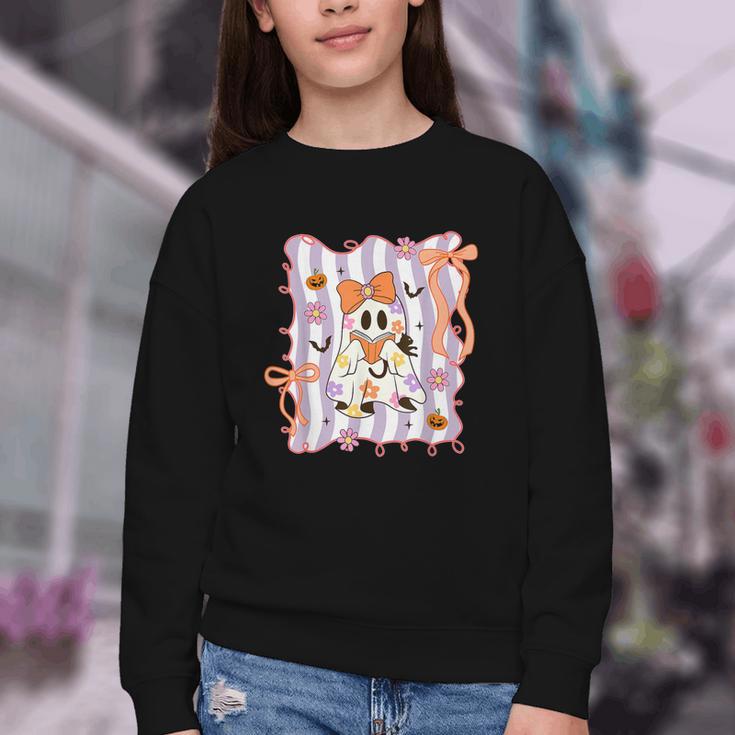 Preppy Coquette Bow Ghost Reading Books Halloween Book Youth Crewneck Sweatshirt