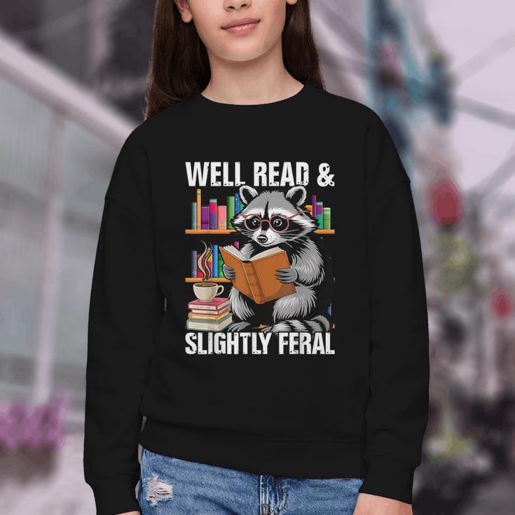 Well Read & Slightly Feral Raccoon Book Lover Graphic Youth Crewneck Sweatshirt
