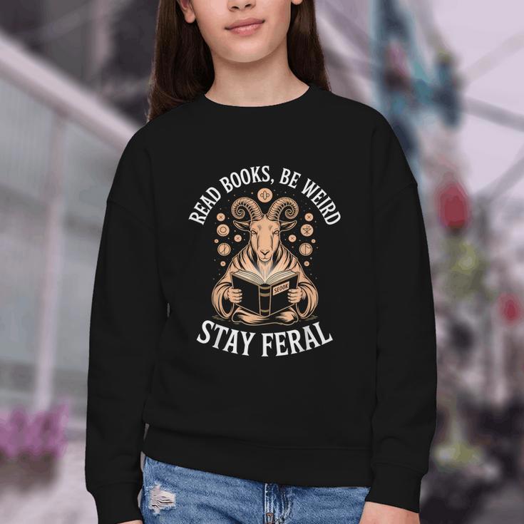 Read Books Be Weird Stay Feral Goat Youth Crewneck Sweatshirt Read Books Be Weird Stay Feral Goat Youth Crewneck Sweatshirt
