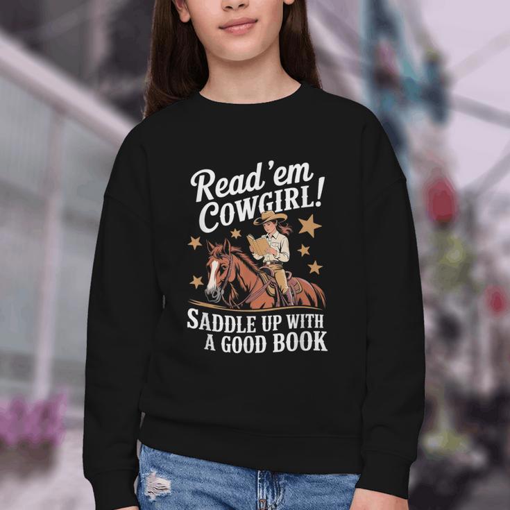 Read 'Em Cowgirl Saddle Up With A Good Book Rodeo Bookworm Youth Crewneck Sweatshirt