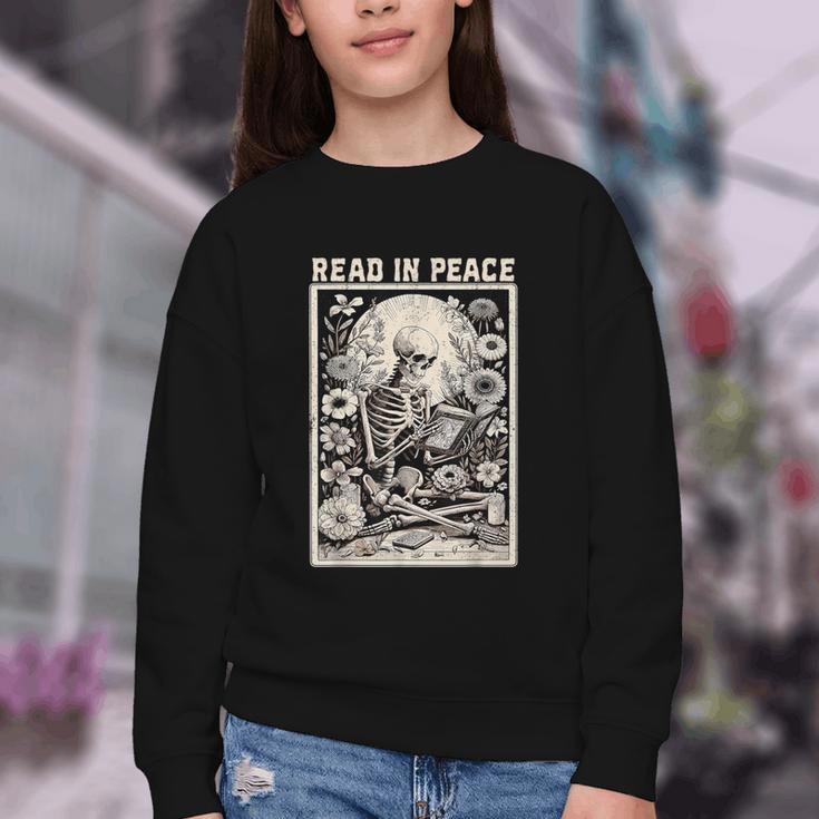 Read In Peace Skeleton Book Lover Bookworm Book Youth Crewneck Sweatshirt