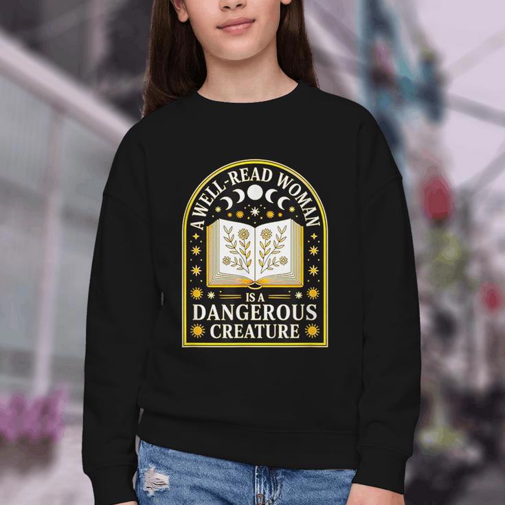 A Well Read Woman Is A Dangerous Creature For Book Lovers Youth Crewneck Sweatshirt A Well Read Woman Is A Dangerous Creature For Book Lovers Youth Crewneck Sweatshirt