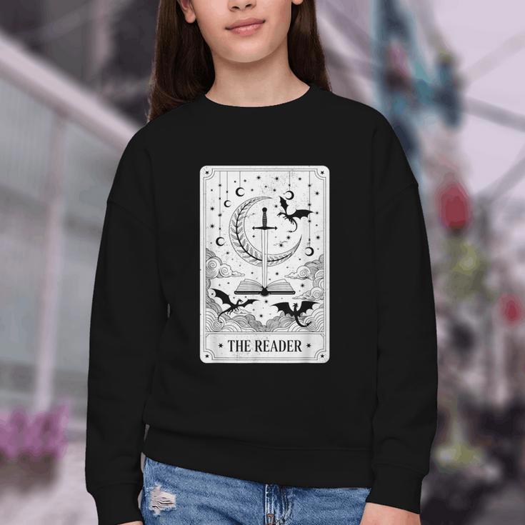 The Reader Tarot Card Bookworm Books Lover Dragon Librarians Youth Crewneck Sweatshirt