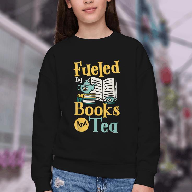 Reading Hobby Bookshelves Library Fueled By Books And Tea Youth Crewneck Sweatshirt