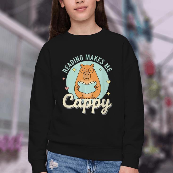 Reading Makes Me Cappy Bookworm Capybara Book Reading Youth Crewneck Sweatshirt