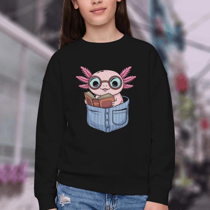 Readsalotl Axolotl Reading Book Lover Reading Pocket Axolotl Youth Crewneck Sweatshirt