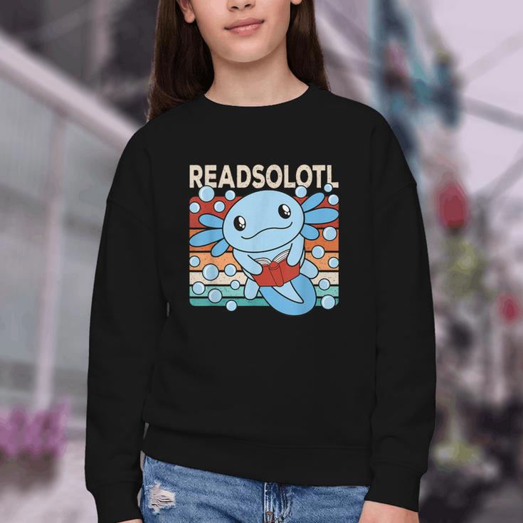 Readsolotl Blue Kawaii Axolotl Book Lover Reading Retro Youth Crewneck Sweatshirt