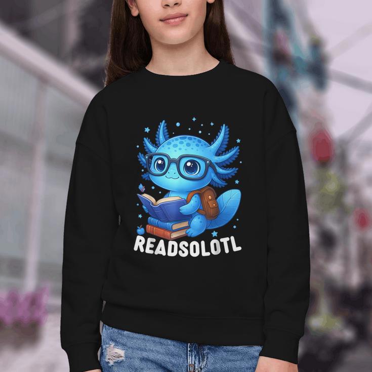 Readsolotl Blue Kawaii Axolotl Book Lover Reading Youth Crewneck Sweatshirt