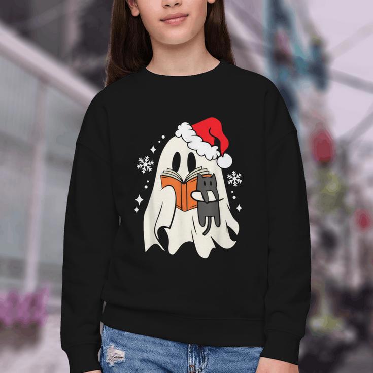 Retro Ghost Reading Book With Cat Bookish Club Christmas Men Women Kids Youth Crewneck Sweatshirt