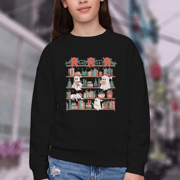 Retro Ghost Reading Book Teacher Librarian Bookish Christmas Youth Crewneck Sweatshirt