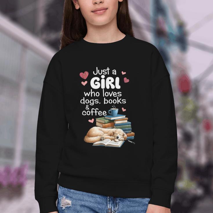 Retro Just A Girl Who Love Dogs Books And Coffee Bookworm Youth Crewneck Sweatshirt Retro Just A Girl Who Love Dogs Books And Coffee Bookworm Youth Crewneck Sweatshirt