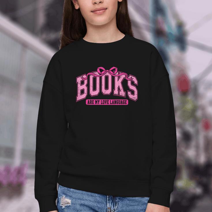 Retro Pink Coquette Bow Valentine Book Lover Varsity Youth Crewneck Sweatshirt