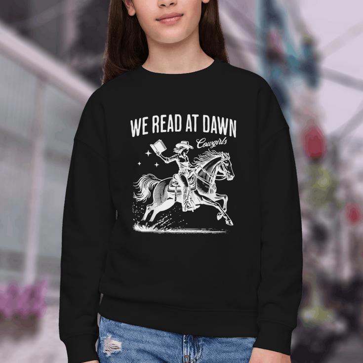 Retro We Read At Dawn Cowgirl Western Librarian Book Lover Youth Crewneck Sweatshirt