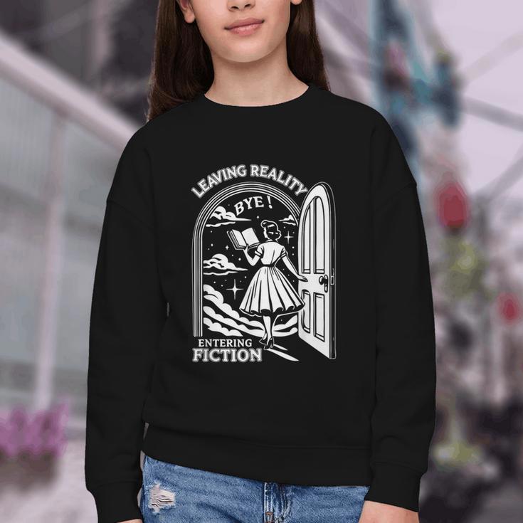 Retro Trendy Bookish Book Lover Reading Quotes Leaving Reality Entering Fiction -Adults Small Short Sleeve T-Shirt Youth Crewneck Sweatshirt