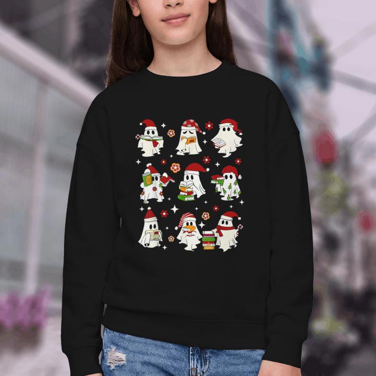 Santa Ghost Reading Books Christmas Library Teacher Youth Crewneck Sweatshirt