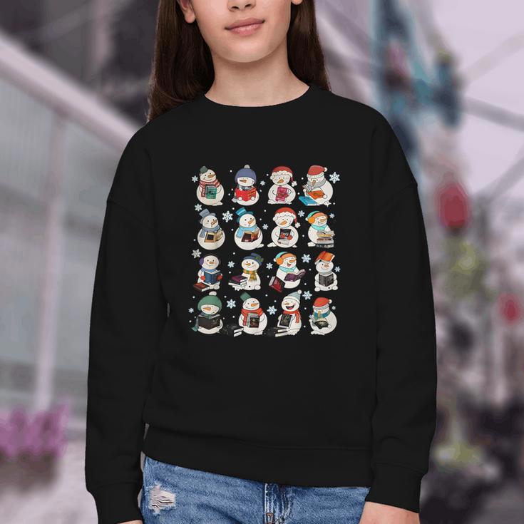 Snowman Reading Book Christmas Cozy Book Lover Bookish Youth Crewneck Sweatshirt
